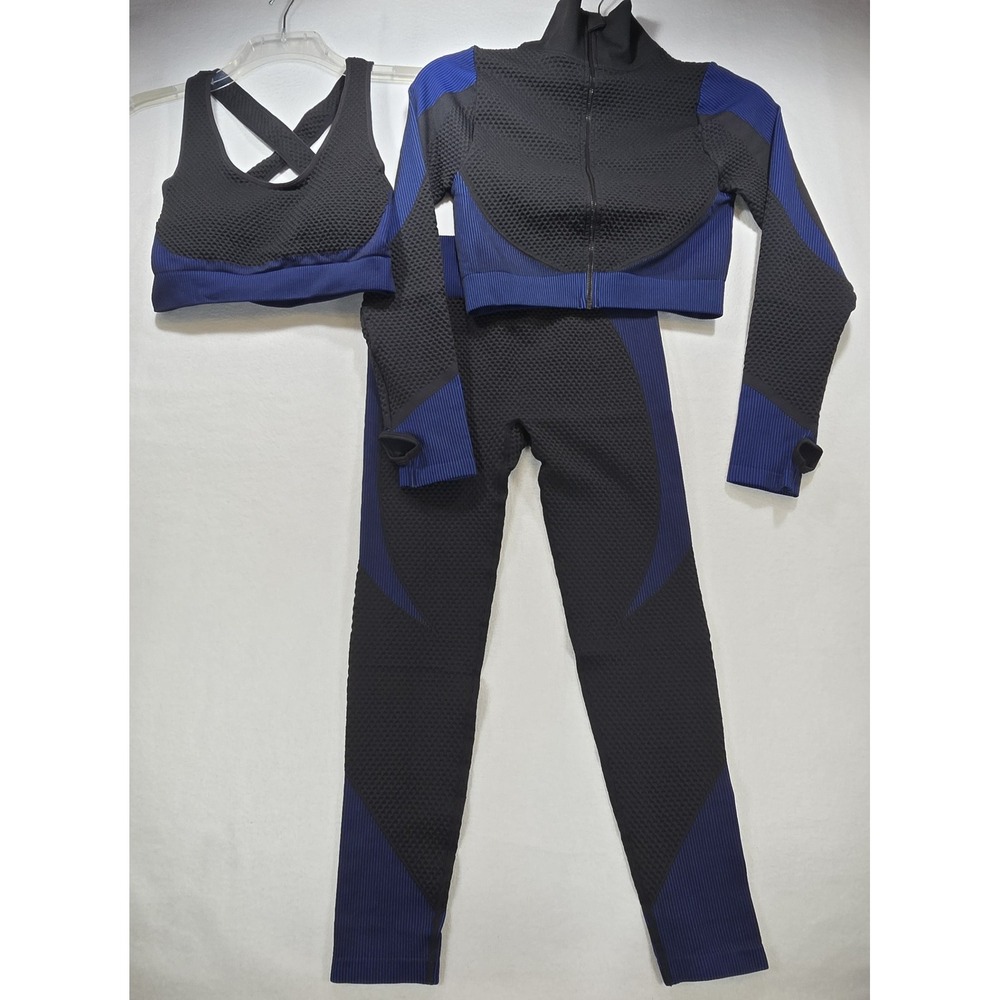 3pc Activewear Set Black Blue Honeycomb Jacket Sports Bra Leggings XL